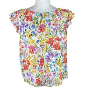 Velvet Womens Yellow Red Floral Flutter Sleeve Blouse Top Large